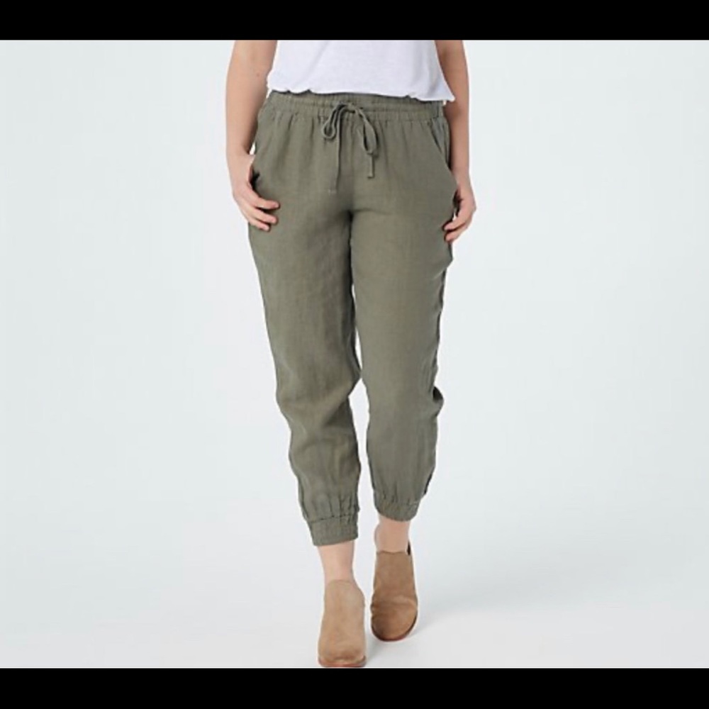 Olive green cotton drawstring ankle pants ladies medium soft dress professional
